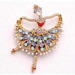 Vintage Ballerina Brooch Rhinestone Pearl Gold Tone Statement Pin